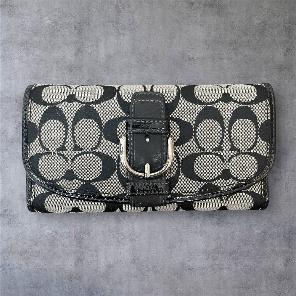Vintage Y2K Coach Black Soho Signature Canvas Wallet Buckle Detail  Leather Trim